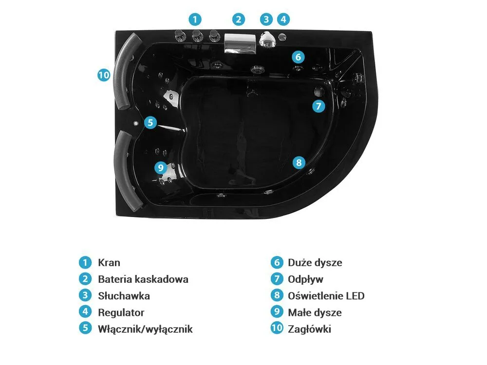 Beliani Wanna Narożna LED Prawa Z Hydromasażem 160 X 113 Cm Czarna PARADISO 10 Beliani Wanna Narożna LED Prawa Z Hydromasażem 160 X 113 Cm Czarna PARADISO - obrazek 10